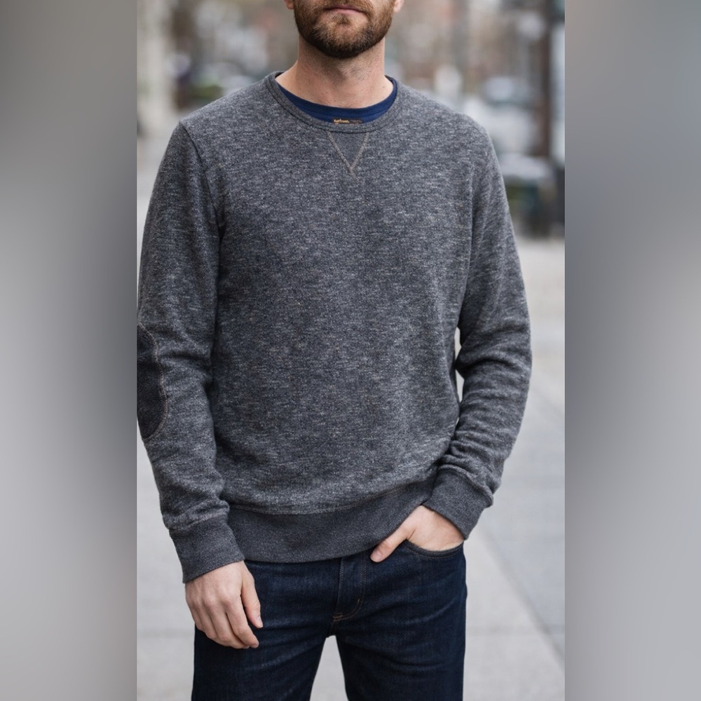 Barbour Beacon Brand Crewneck Sweatshirt XL Gray Nep Cotton/Wool Elbow Patch